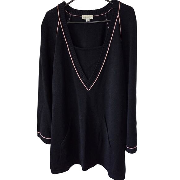 St John Sports XL Sweater Black Pink V Neck Pullover Wool Rayon Mexico - Picture 1 of 8